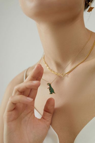 Tyrannosaurus T-Rex Dinosaur 925 Sterling Silver Yellow Gold Necklace