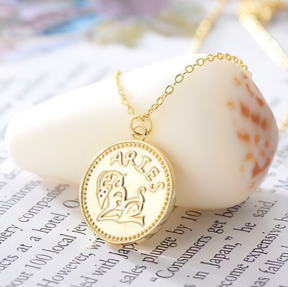 Coin Style Zodiac Astrology 925 Sterling Silver Necklace