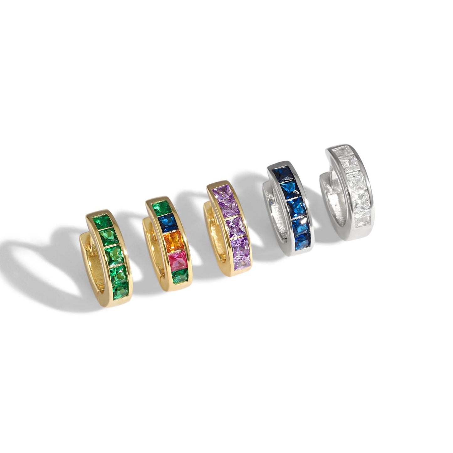 Colorful CZ 925 Sterling Silver Huggies Hoop Earrings