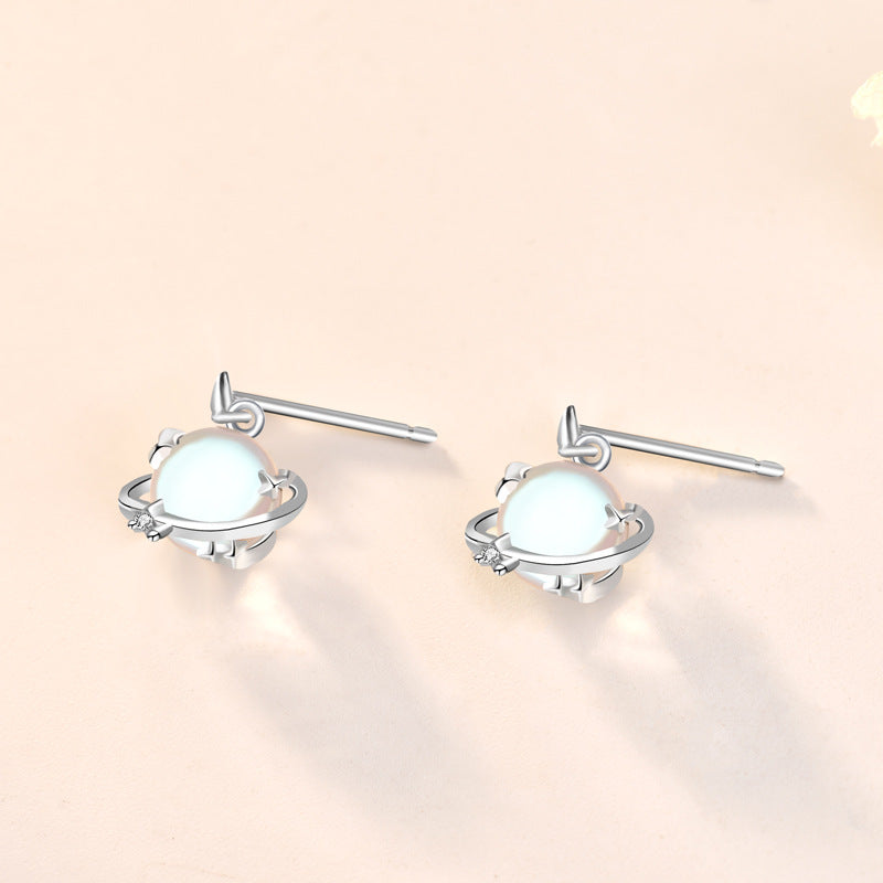 Beautiful CZ Planet Stars Natural Moonstone 925 Sterling Silver Stud Earrings