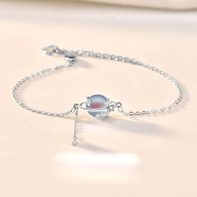 Natural Moonstone Saturn CZ 925 Sterling Silver Bracelet