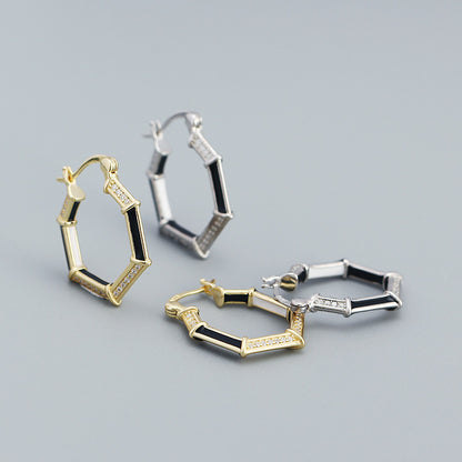 Fashion Geometric CZ Hexagonal 925 Sterling Silver Hoop Earrings