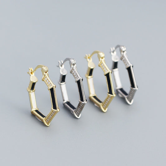 Fashion Geometric CZ Hexagonal 925 Sterling Silver Hoop Earrings