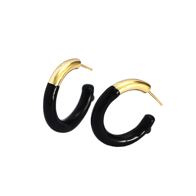 Modern Black Tube C Shape 925 Sterling Silver Hoop Earrings