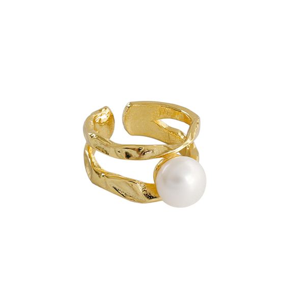 Irregular Lines Freshwater Pearl 925 Sterling Silver Adjustable Chunky Ring