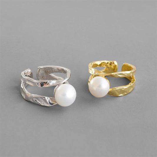 Irregular Lines Freshwater Pearl 925 Sterling Silver Adjustable Chunky Ring