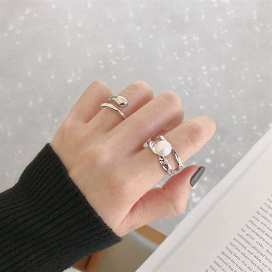 Irregular Lines Freshwater Pearl 925 Sterling Silver Adjustable Chunky Ring